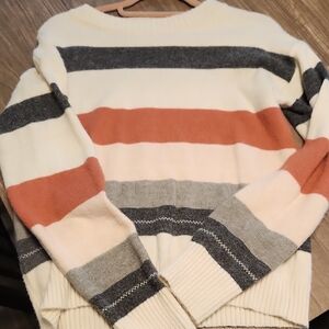 Crewneck Striped Sweater - Cream with Rust & Gray Stripes